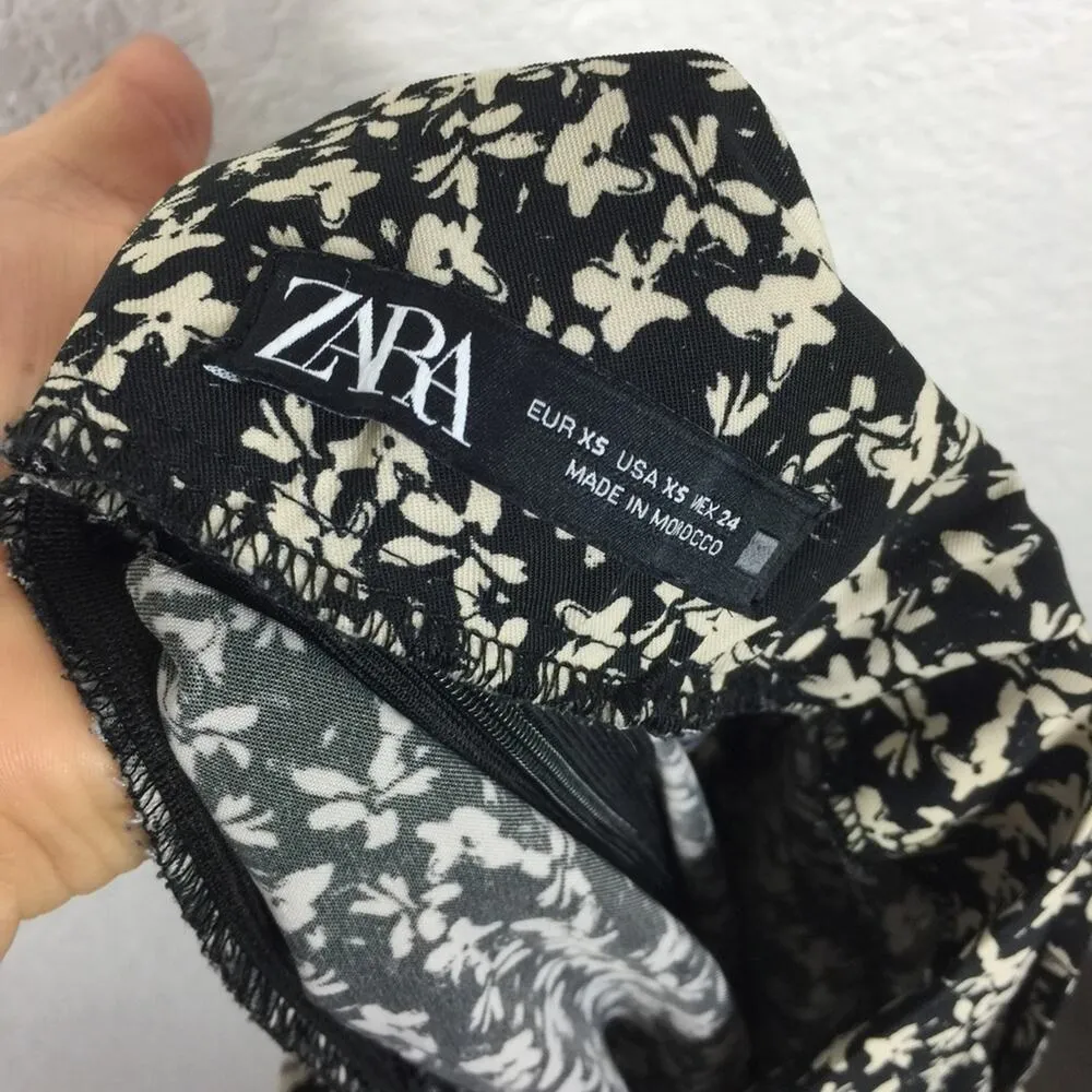 Zara Draped Black Moody Micro Floral Print Ruched Side Slit Midi Skirt XS - Image 6