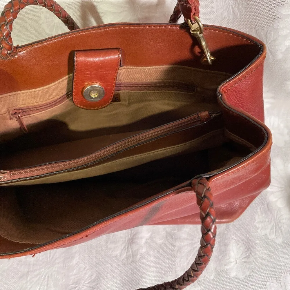 Vintage Dillards Woven Insert Brown Leather Crossbody Bag Satchel Purse - Image 9