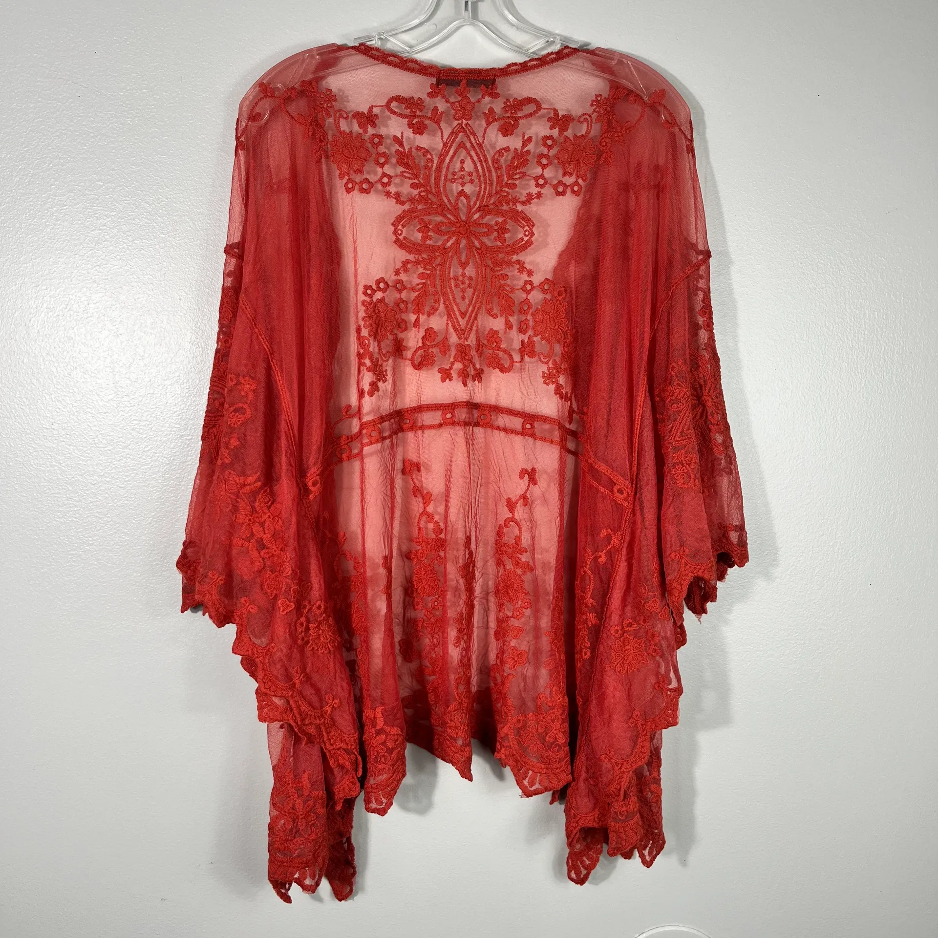 SheIn Burnt Orange Sheer Embroidered Oversized Kimono Top OS Bohemian Cover Up - Image 4
