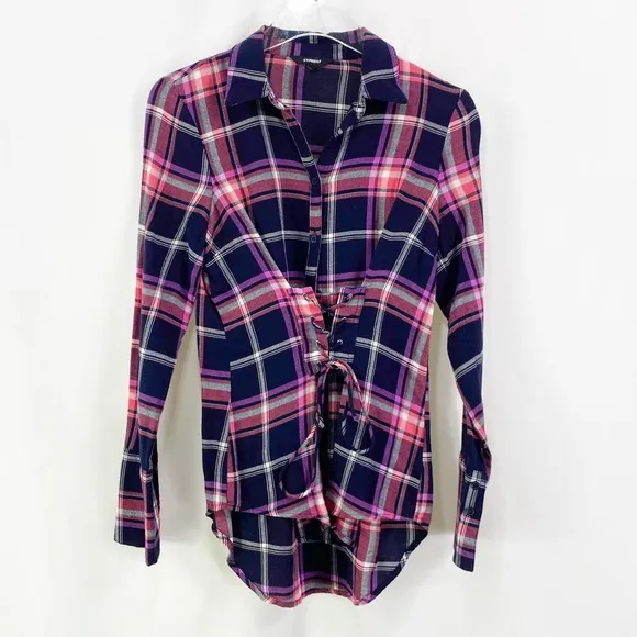 EXPRESS Plaid Checker Lace Up Button Up Long Sleeve Top - Image 2