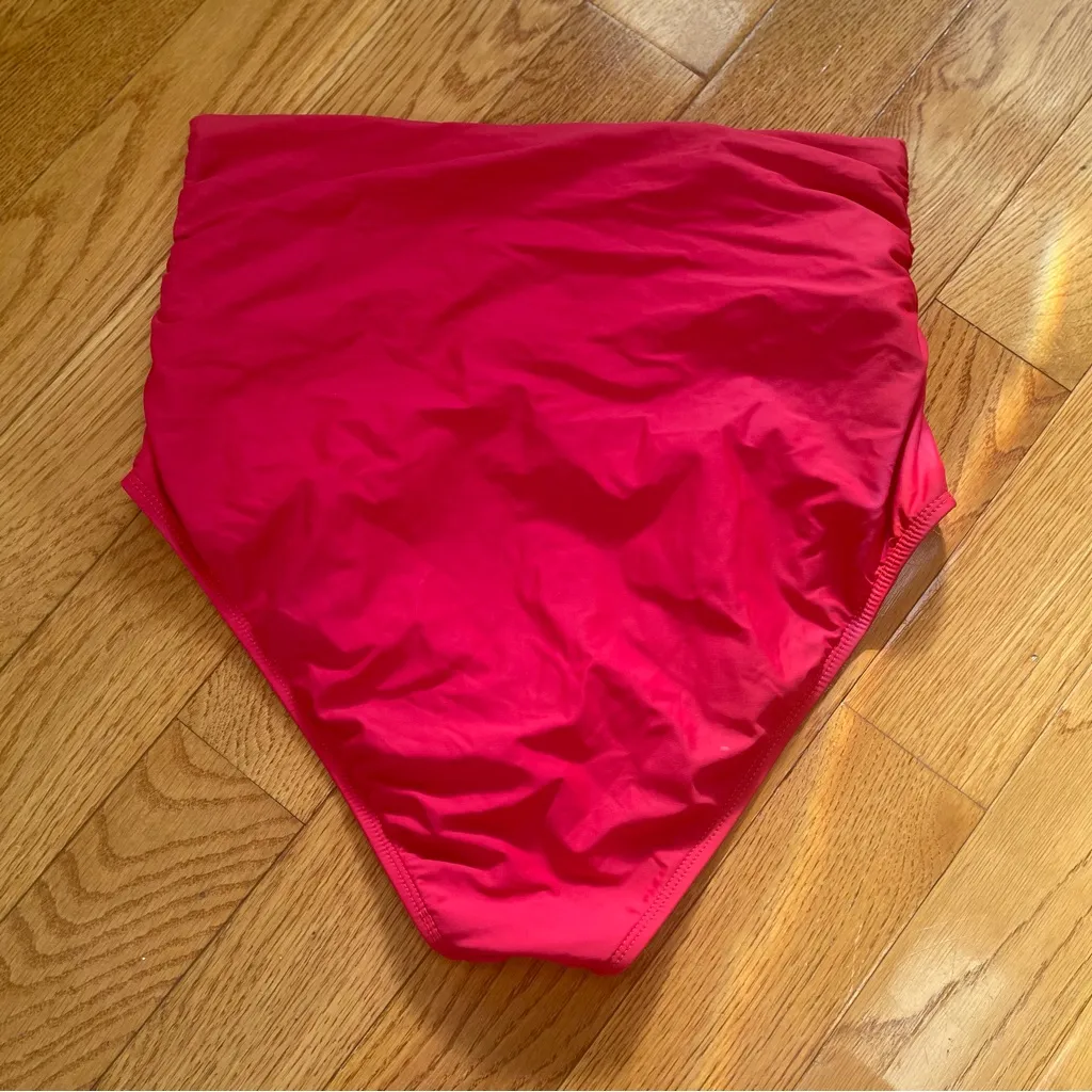 Athena Women's Red Solid Elastic High Waist Stretch Ruched Swimming Brief Sz L Size L - Image 4