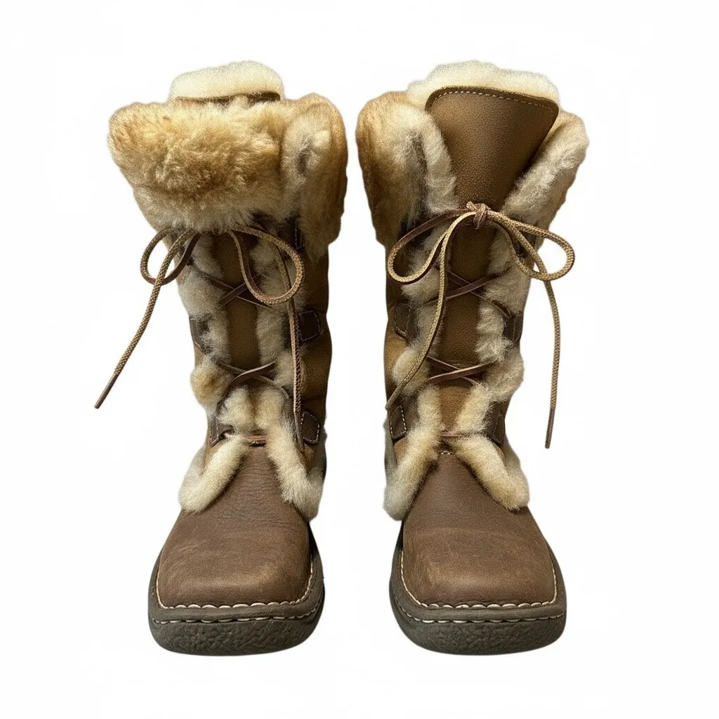 Born Leather Booths Shearling faux fur Lined Lace Up Winter Size 6 Brown Cream - Image 4