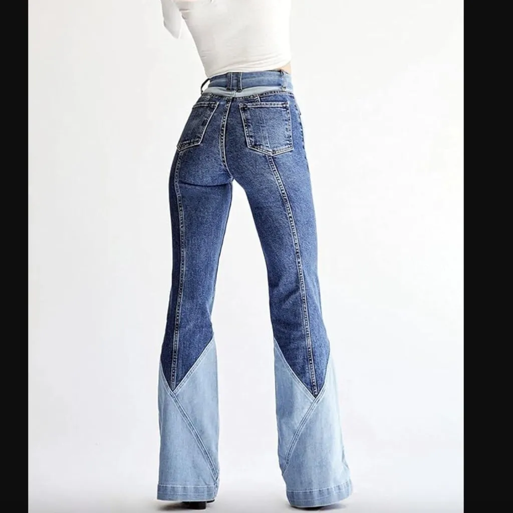 Revice Colorblock Patchwork Tie Waist High Rise Flare Jeans 28" - Image 2