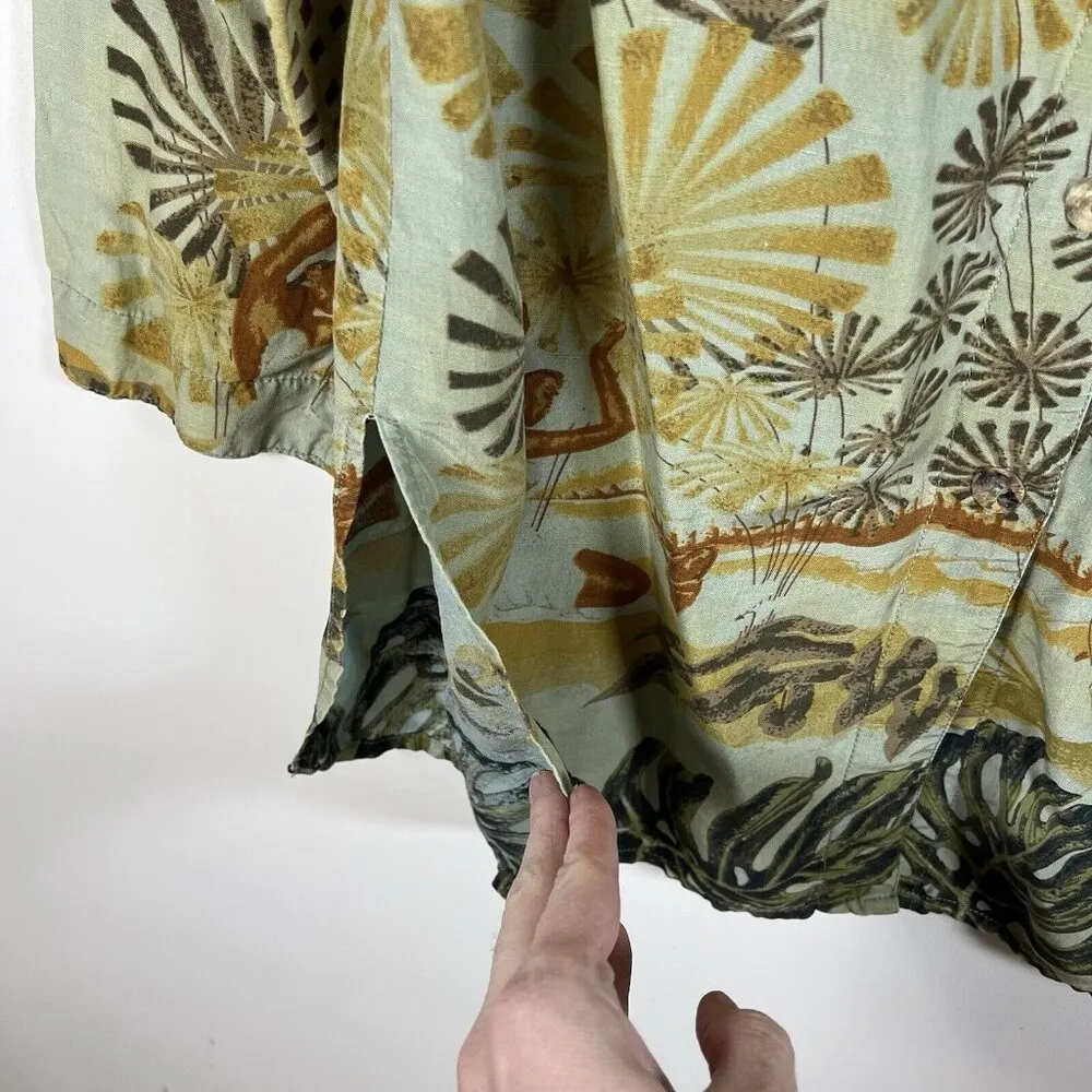 Citron button down Silk Linen tropical hawaii print Women’s Sz Small 3/4 Sleeve Green - Image 6