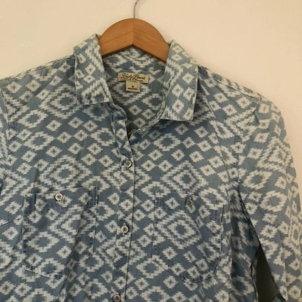 LUCKY BRAND Blue Chambray Denim Look Cream Ivory Ikat Boho Cotton Shirt Dress SM - Image 4