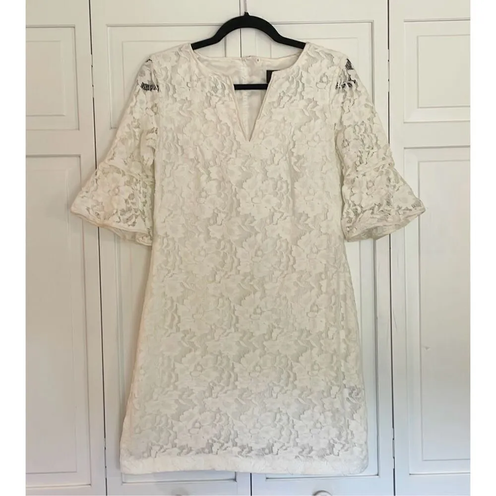 Adrianna Papell white lace notch neck bell sleeve dress - Image 4