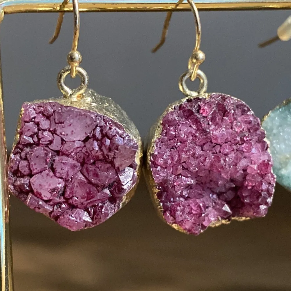 3 Pairs Dyed Druzy Quartz Geode Gold Electroplated Gemstone Drop Earrings - Image 5