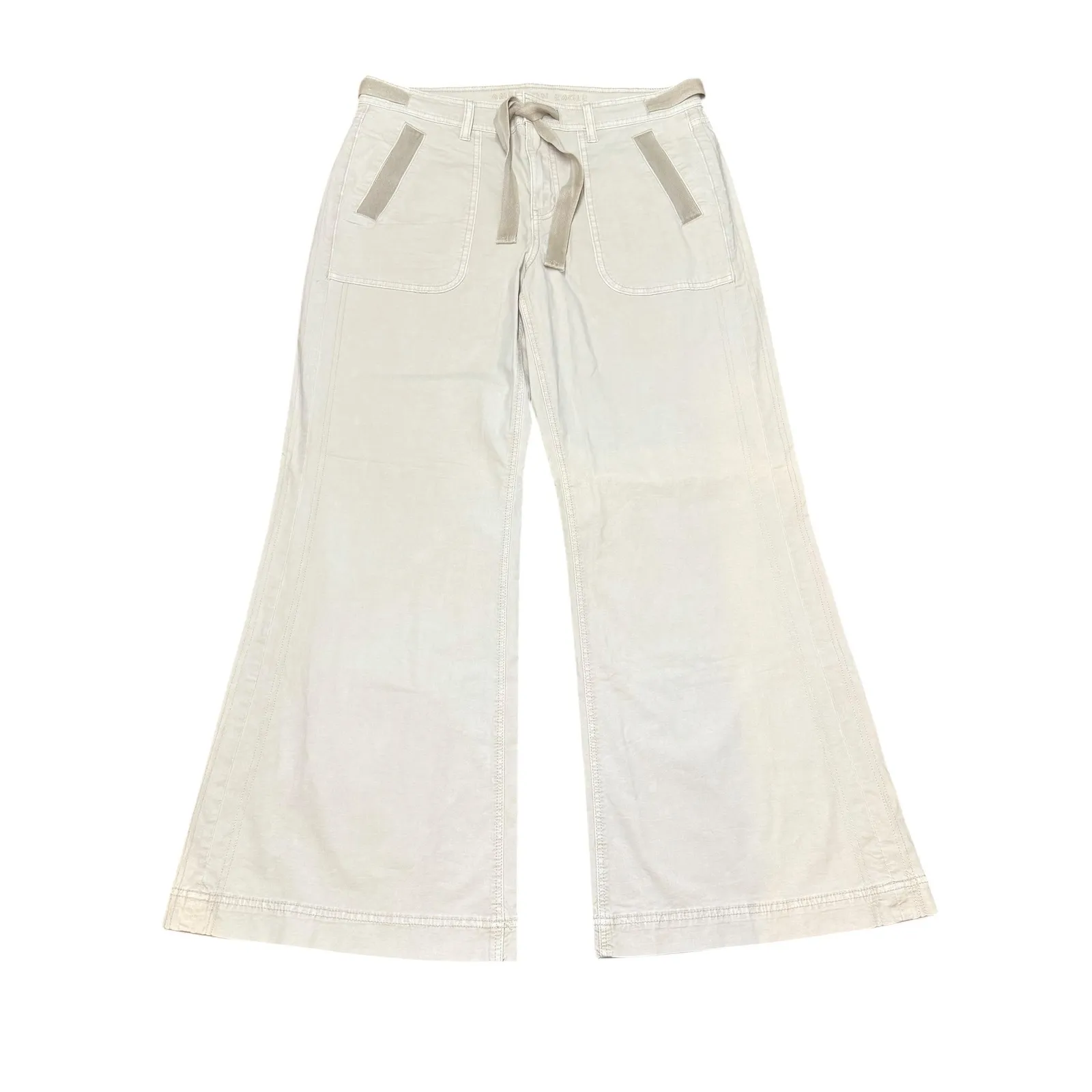 American Eagle Womens Baggy Flare Pants Low Rise Cream Stretch Belted Utility 10 Tan - Image 2