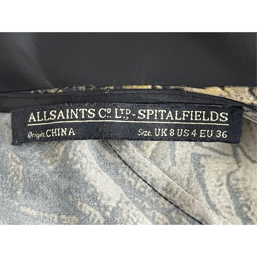 All Saints Satin Shift Mini Dress Size 4 Art To Wear Peacock Black Gold Grunge - Image 4