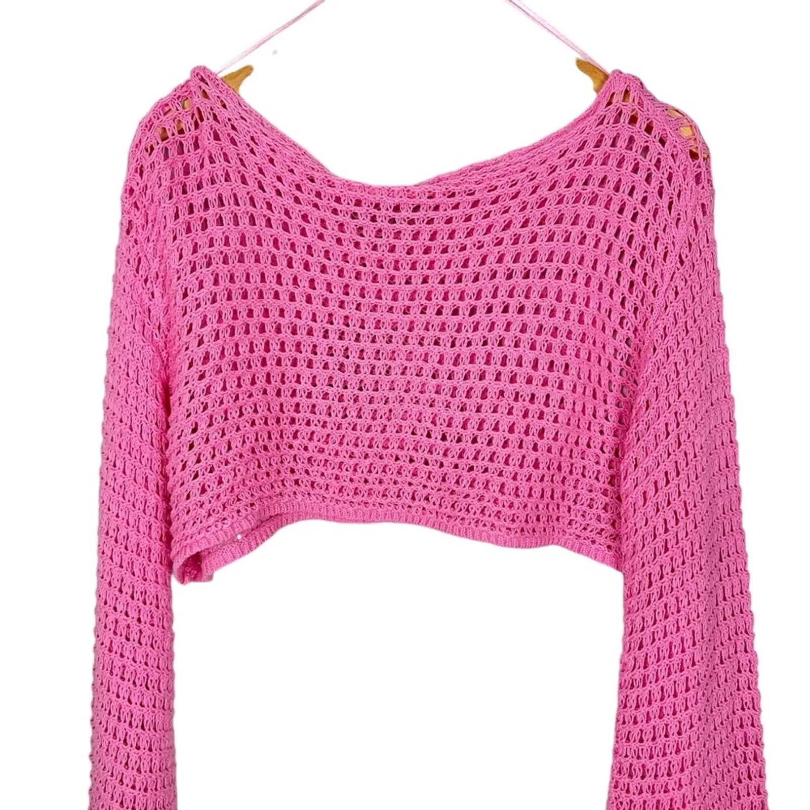 Pretty Damage Pink Crochet Bell Long Sleeve Crop Knit Boho Top Sz Small NWT - Image 5