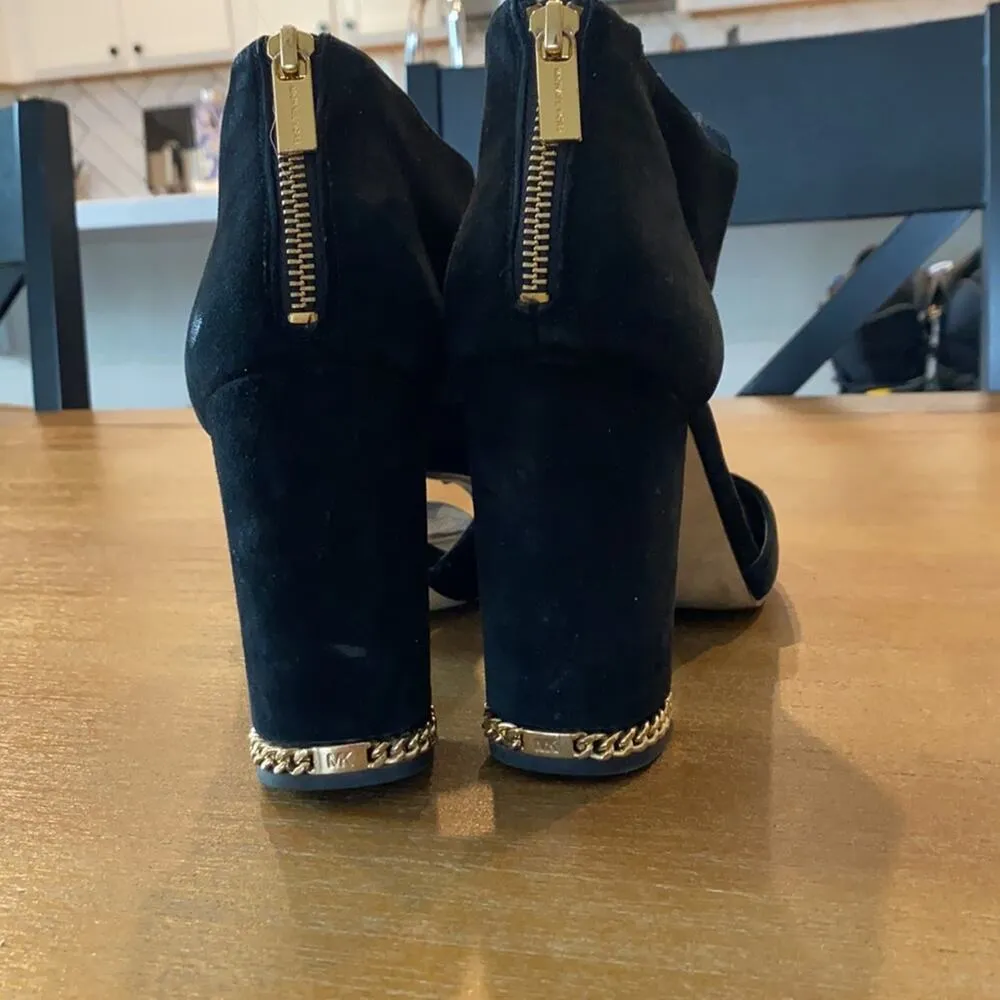 MICHAEL Michael Kors Sabrina block heel suede gold accents open toe sz 9.5 Black - Image 6