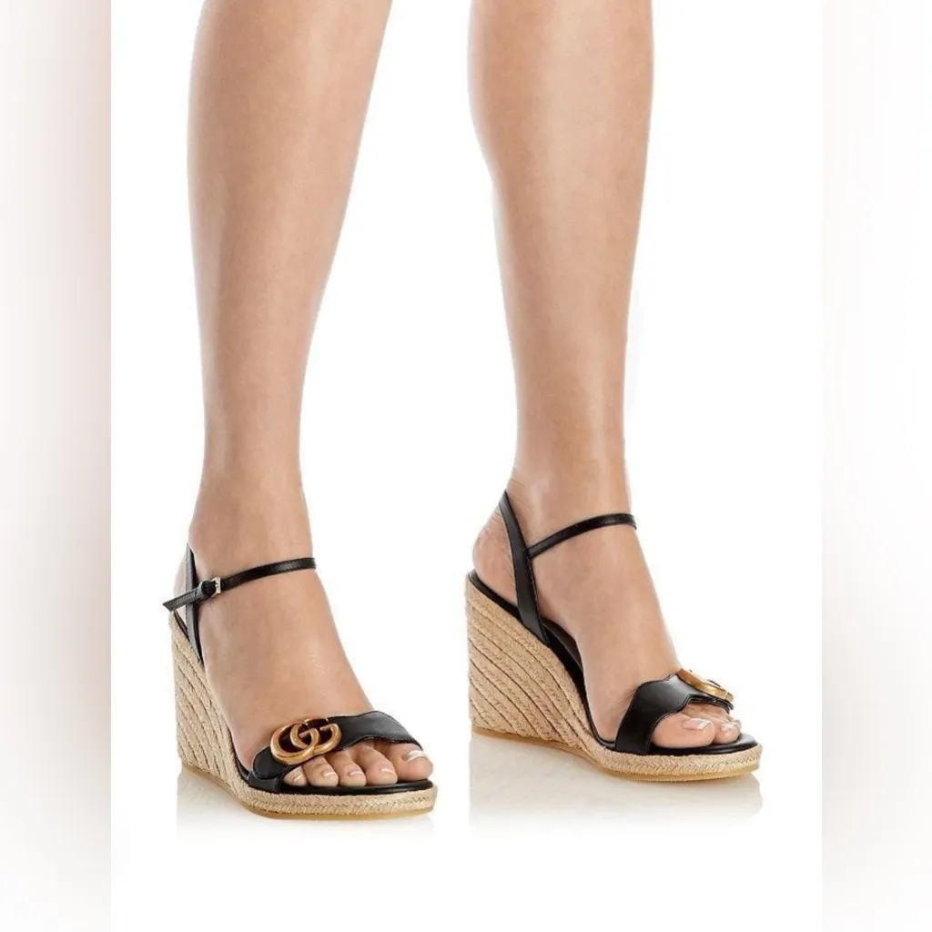 Gucci Galassia Aitana Lifford Black Leather Wedge Double G Logo Sandals EU 41.5 - Image 13