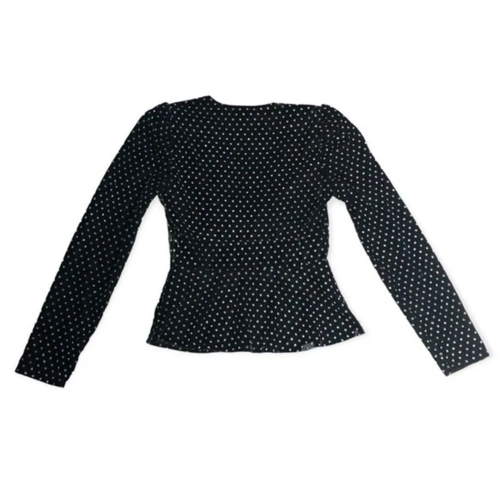 Express Velvet Deep V-neck Metallic Polka Dots Long Sleeve Peplum Top - Image 3