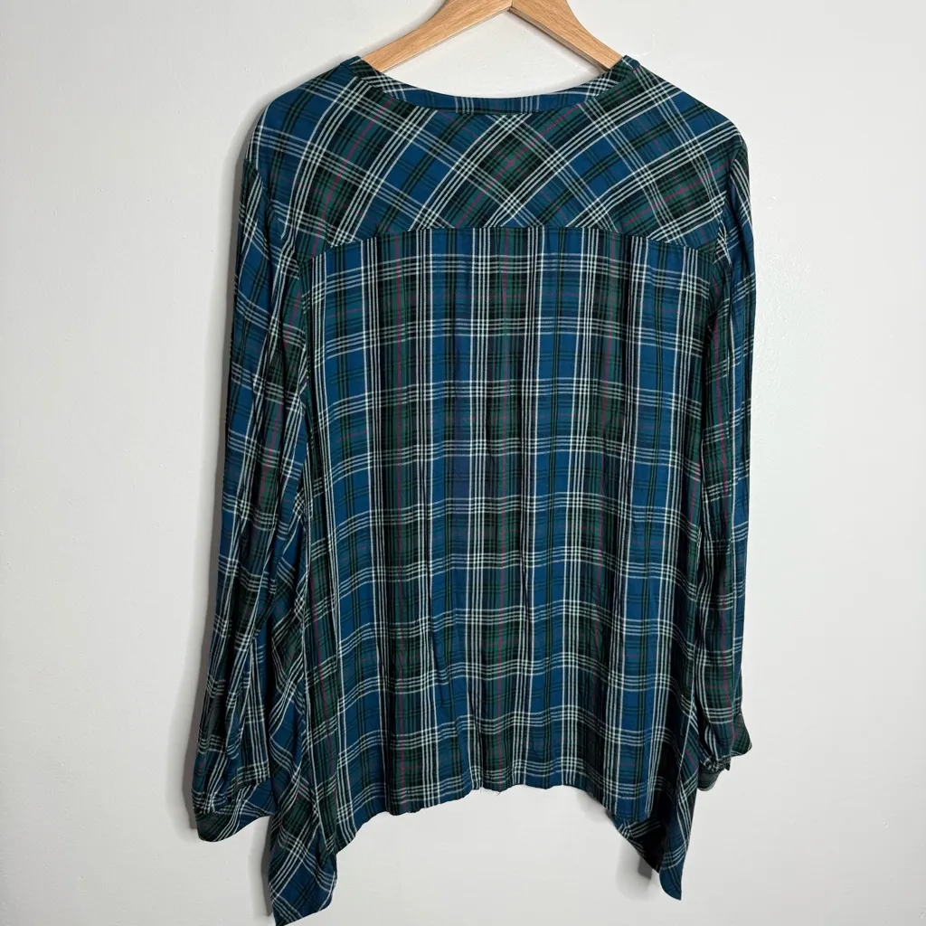 J. Jill Shirt Blue Green Plaid Button Up V Neck Rayon Long Sleeve‎ Size XL - Image 2