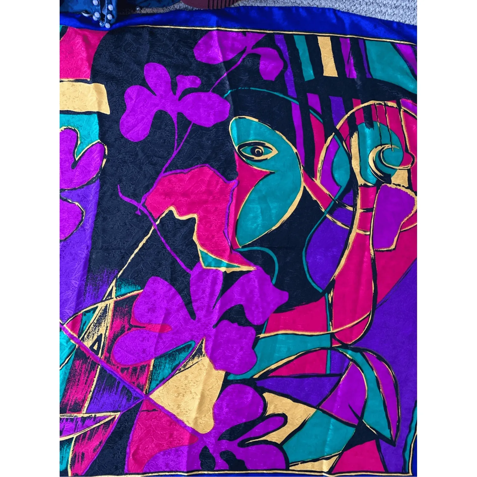 Vintage Sun Kgung Sa Abstract Face Printed Silk Scarf Bold Floral 90s Artsy Blue - Image 5