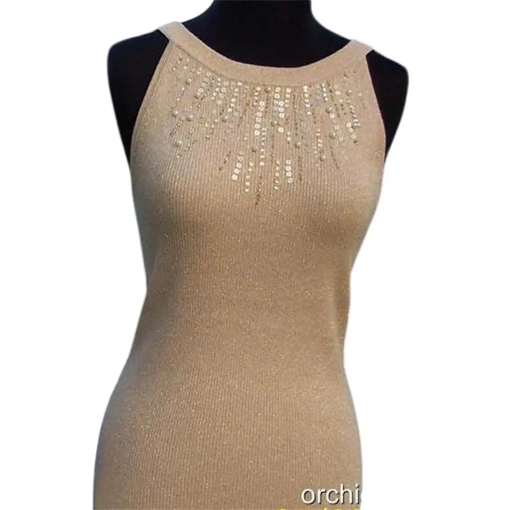 Cache  Pearl Bead Sequin Encrusted Metallic Halter Top Open Back Stretch NWT $88 - Image 4