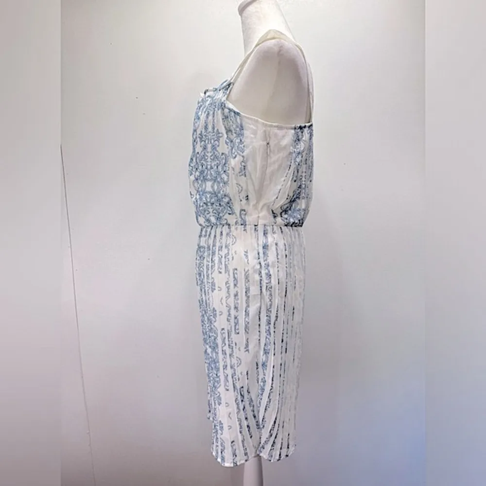 Blue & Ivory Pleated Plisse Skirt Dress KAS ModCloth Cottagecore Boho Milkmaid White Size M - Image 6