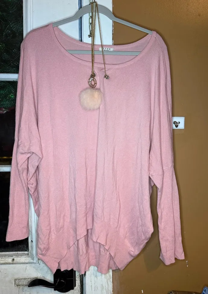 Moda Luxe Light Pink Women's Sweater hi lo with Pom Pom accent size medium - Image 1
