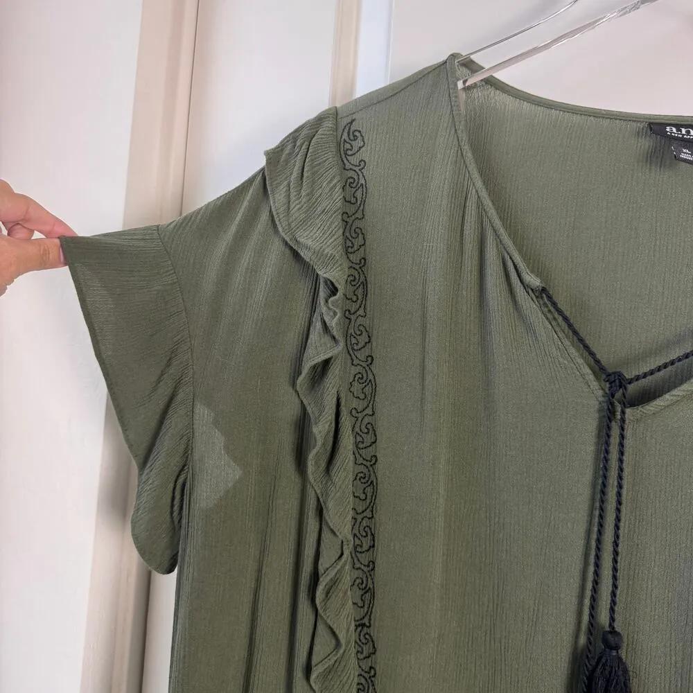 A.N.A. Embroidered Ruffle Top Olive Floral Tassle Tie XL - Image 6