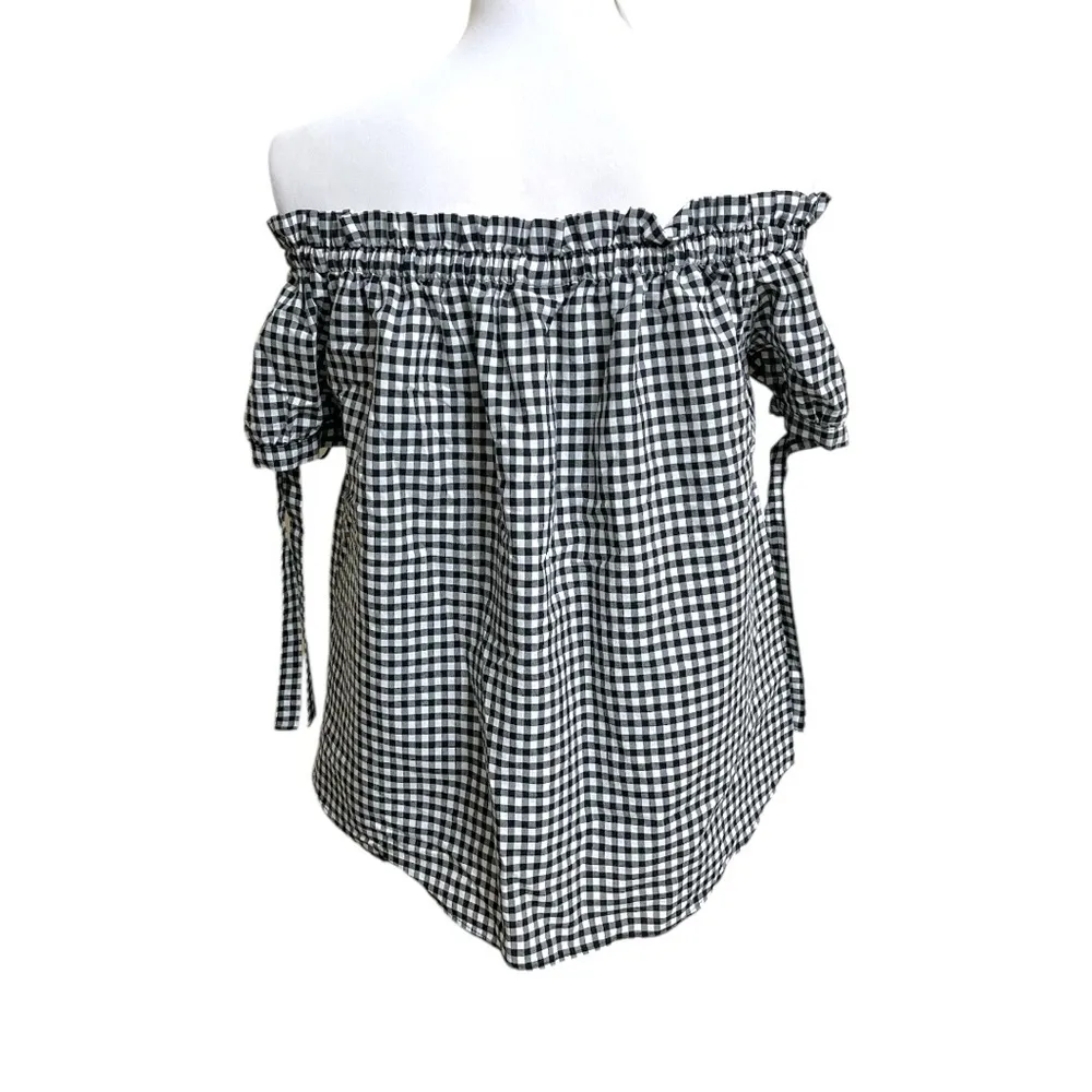 L.o.g.g  Black and White Checker off Shoulder Ruffled Cap Sleeve Blouse Size 6 - Image 3