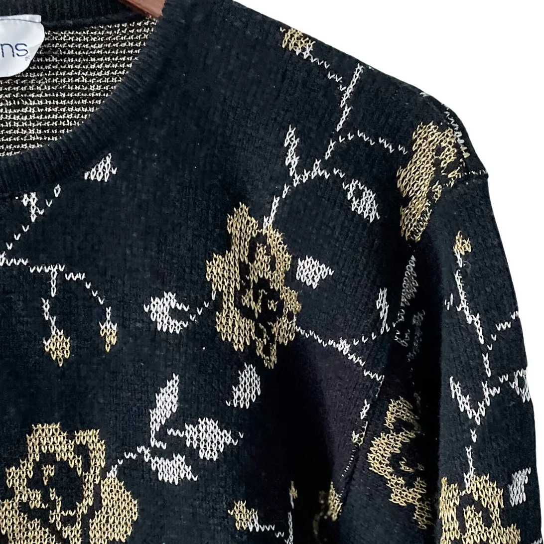Vintage Metallic Gold Rose Dark Romance Crewneck Sweater size small medium S/M Black - Image 2