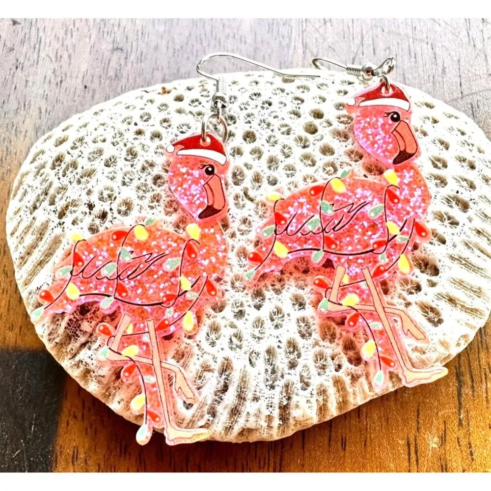 Christmas Flamingo Earrings New Santa Hat Holiday Lights Glitter Accents… Pink - Image 5