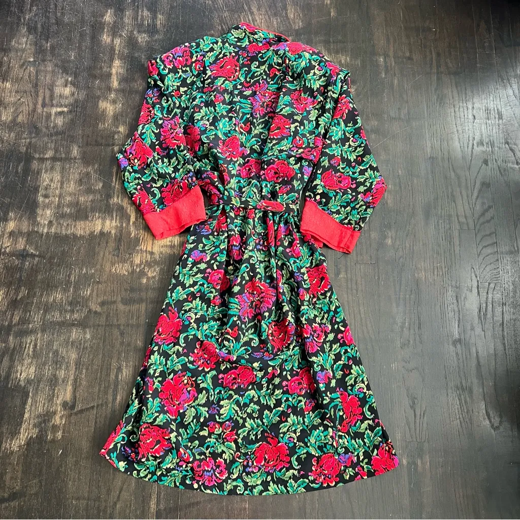 Vintage 1990s Victorias Secret Gold Label Bath Robe Red Floral Black P/S Gift - Image 3