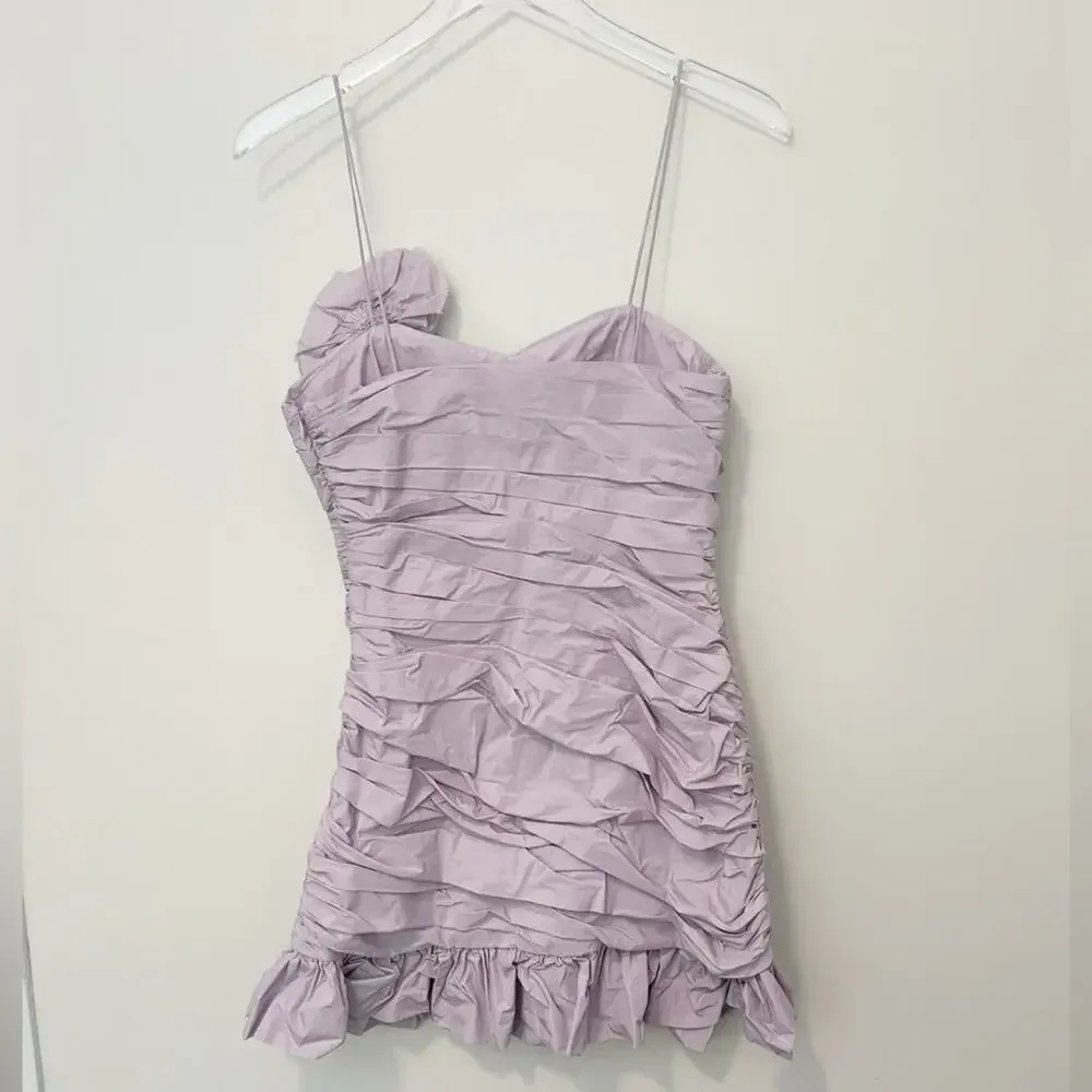 LOVESHACK FANCY Jessilyn Ruched Rosette Ruffle Hem Mini Dress in Lavender XS‎ - Image 4
