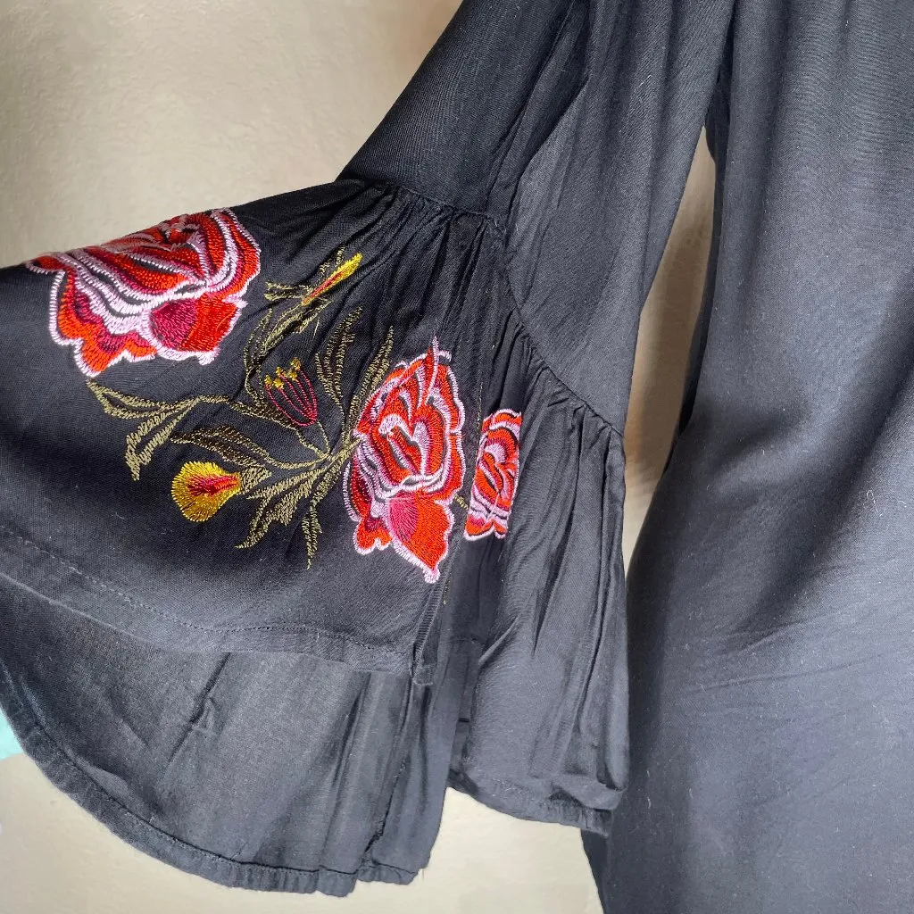 Feathers Women's Black Floral Embroidery Ruffle Midi Mini Dress Whimsygoth XL - Image 4