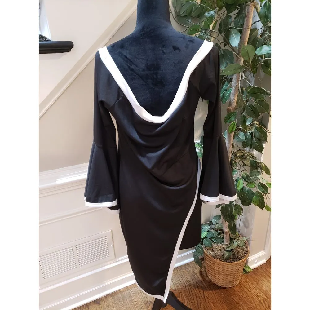 Bodycon Dress Womens XL Black White Off Shoulder Bell Sleeve Asymmetrical Party - Image 10