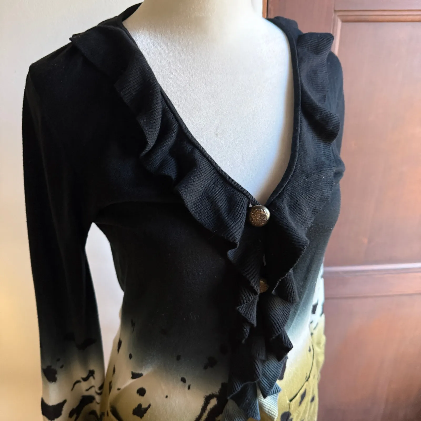 DRIES van NOTEN | Black and tan Ruffle Detail Bell Sleeve Long Cardigan | Medium - Image 3