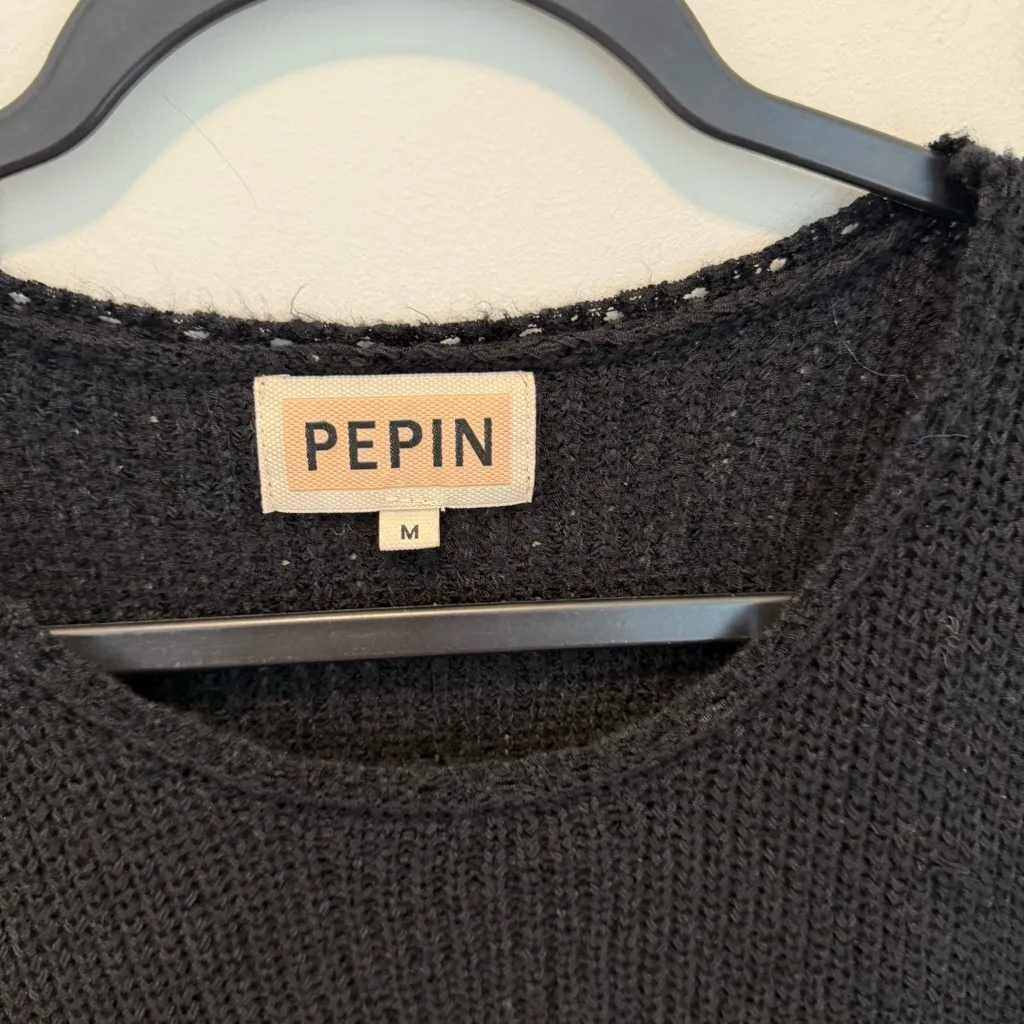 Anthropologie PEPIN black crochet fringe hem knit sweater tank sie M - Image 4