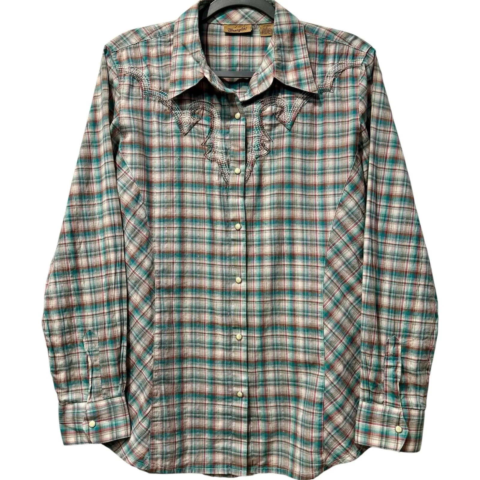 Wrangler Pearl Button Pink / Teal Metallic Thread Plaid Western Rodeo Shirt L - Image 2