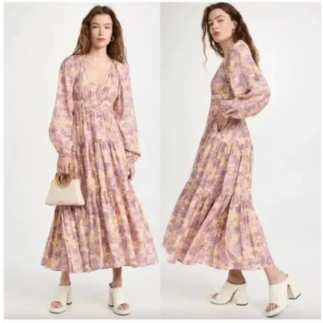 A.L.C. Loretta Long Sleeve Tiered Midi Dress in Abstract Floral Print Size 4 - Image 2