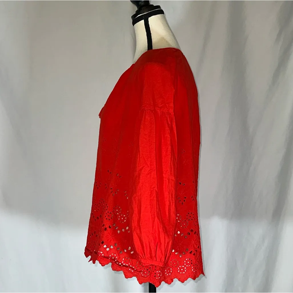 Madewell • Beautiful Bright Poppy Red Eyelet Lattice Scalloped Hem Blouse Size S - Image 2