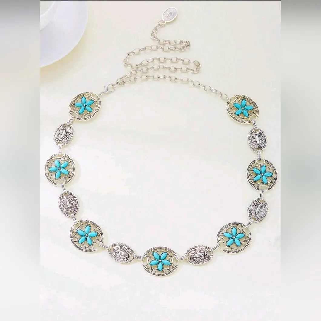 Turquoise Silver Color Vintage Carved‎ Flower Style, Waist Chain Belt - Image 2