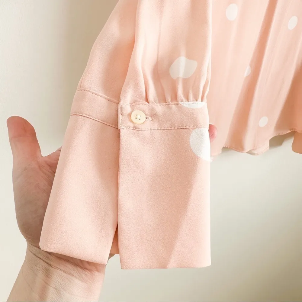 Loft Pale pastel pink white polka dot Sheer Button Front Collared Top sz small - Image 4