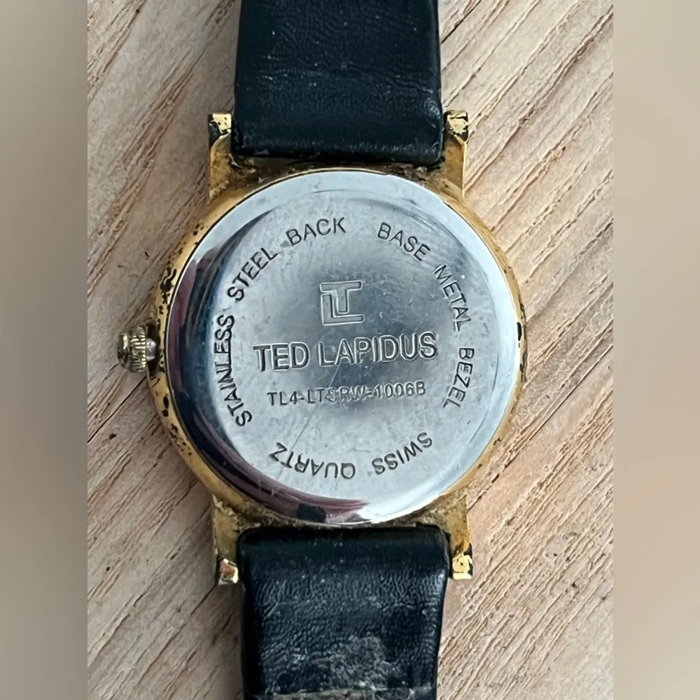 Ted Lapidus Ladies Watch Vintage Black Leather Strap Gold Tone Case White Dial - Image 6