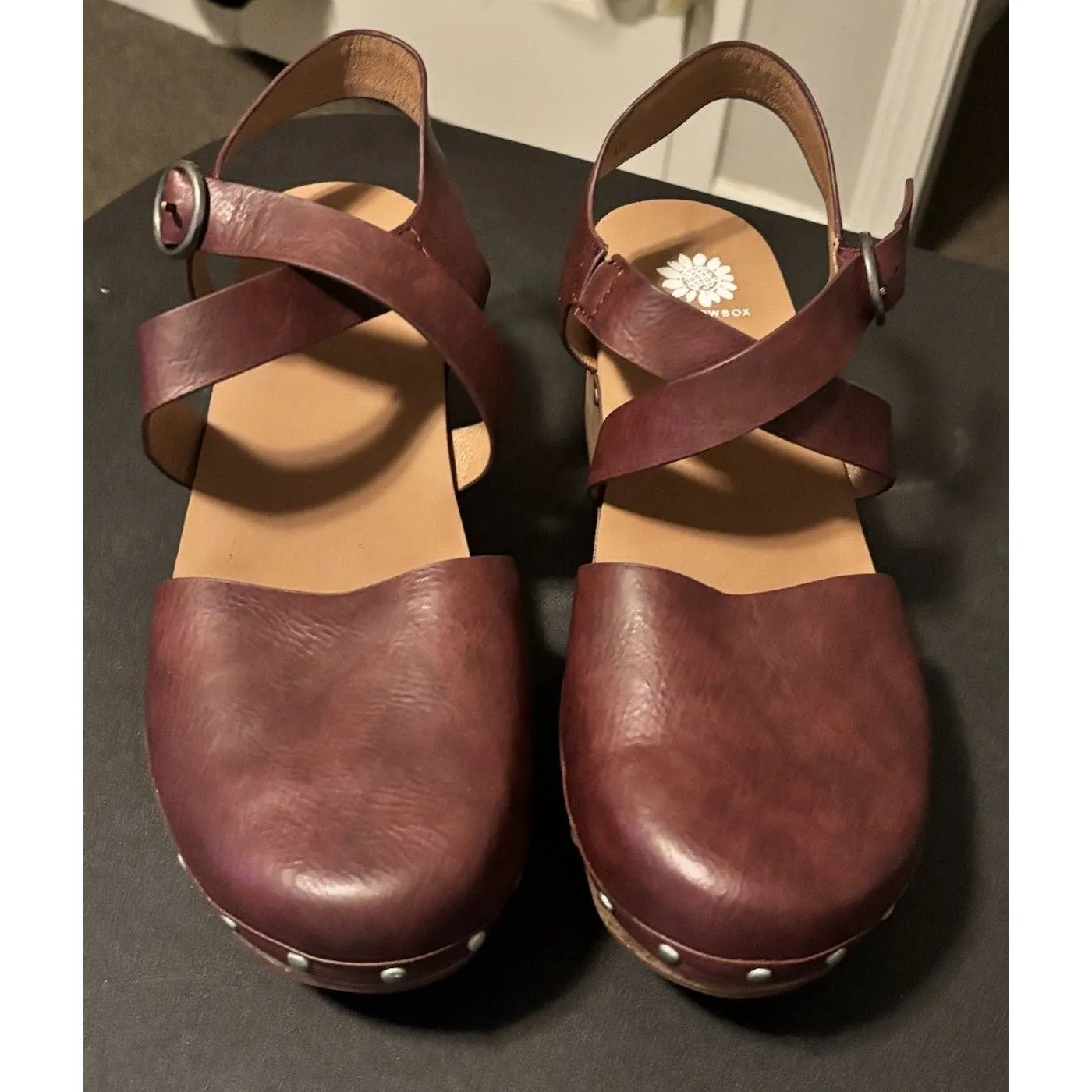 Yellowbox Barah Clog Shoes Size 10 Maroon Red Cork Wedge Silver Studs Casual - Image 2