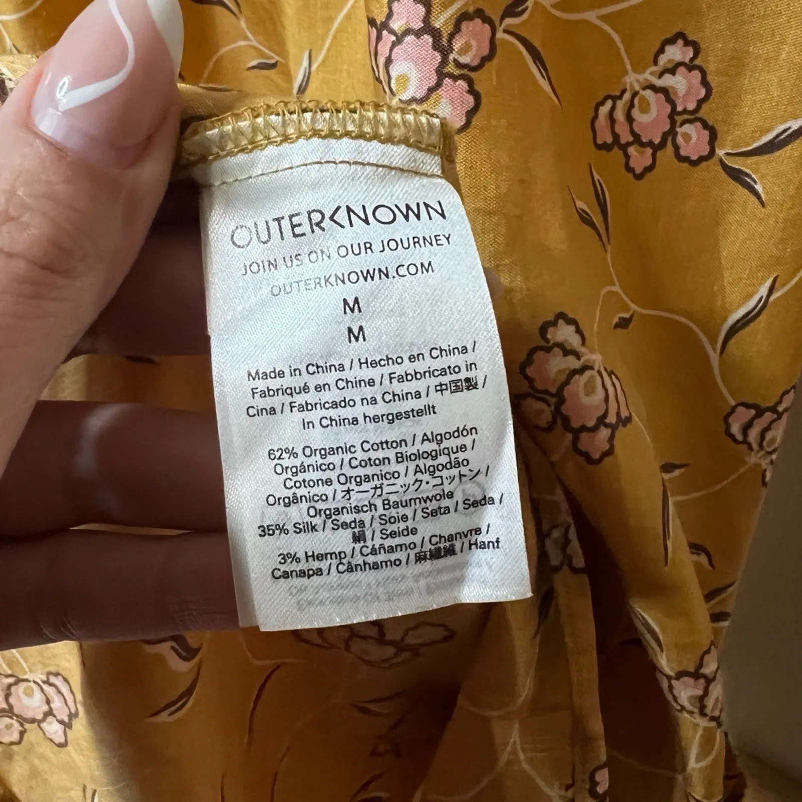 Outerknown Womens Midi Dress Mustard Yellow Floral Smocked Waist Boho Tiered MED - Image 8