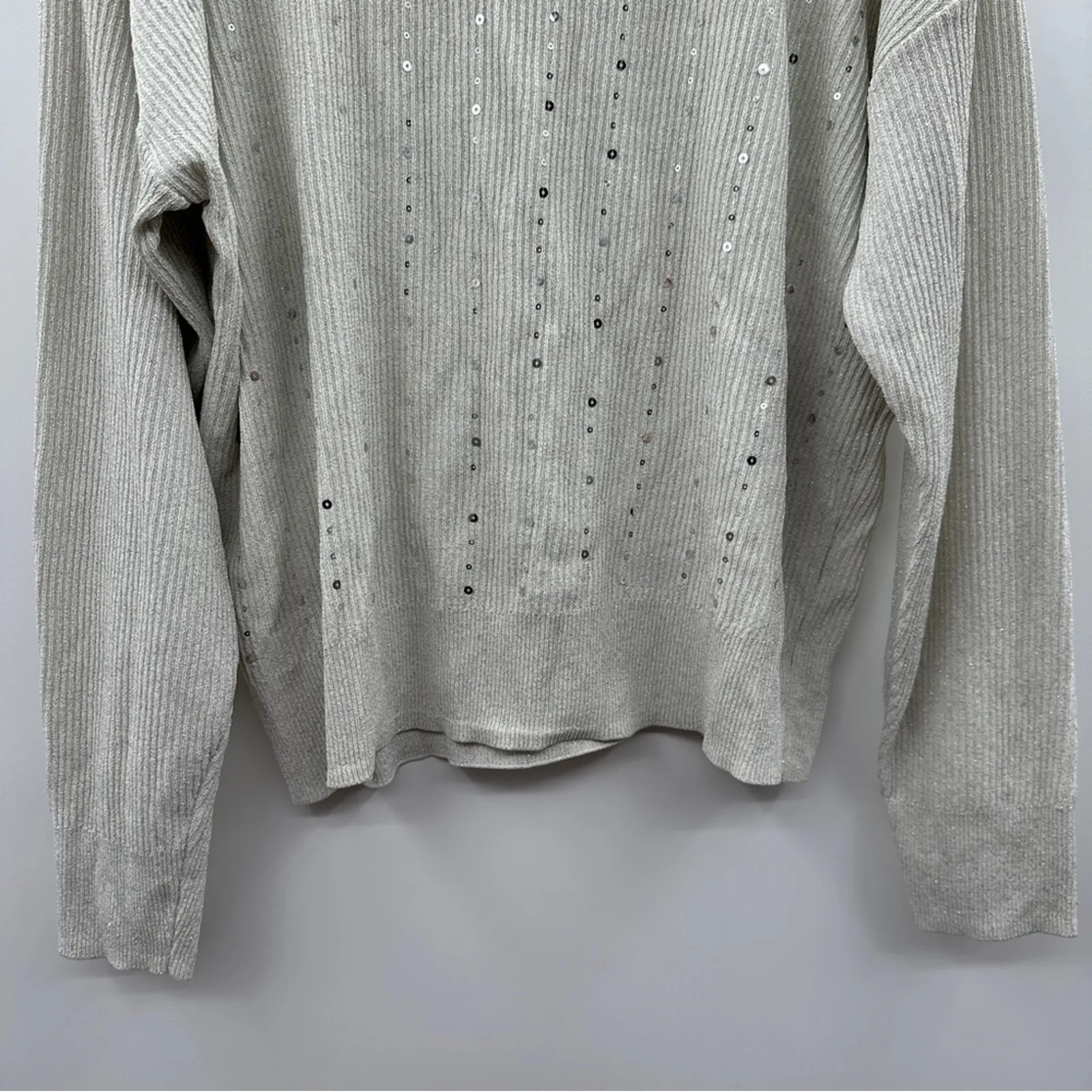 Alfani Gray Silver‎ Sequin Knit Ribbed Long Sleeve Pullover Sweater Size L - Image 3