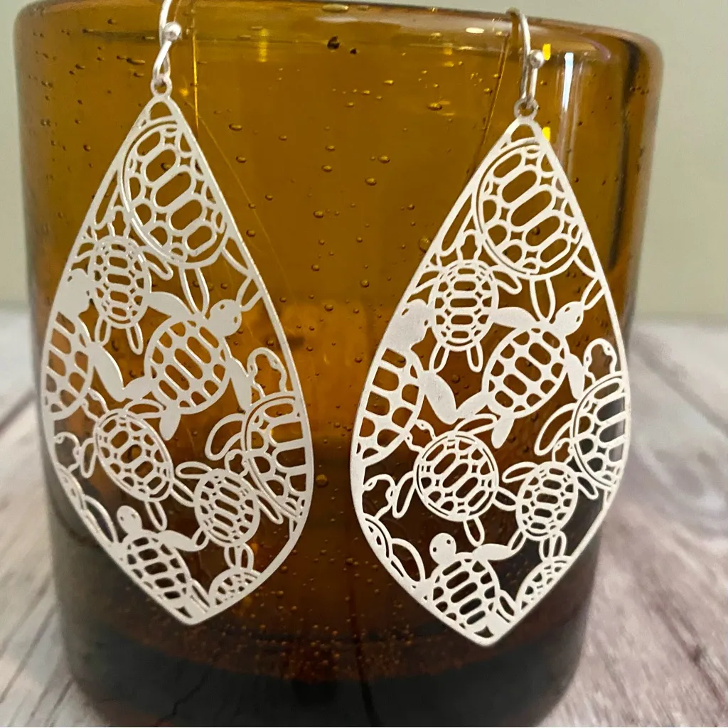 Silver Teardrop Sea Turtle Earrings - Image 2