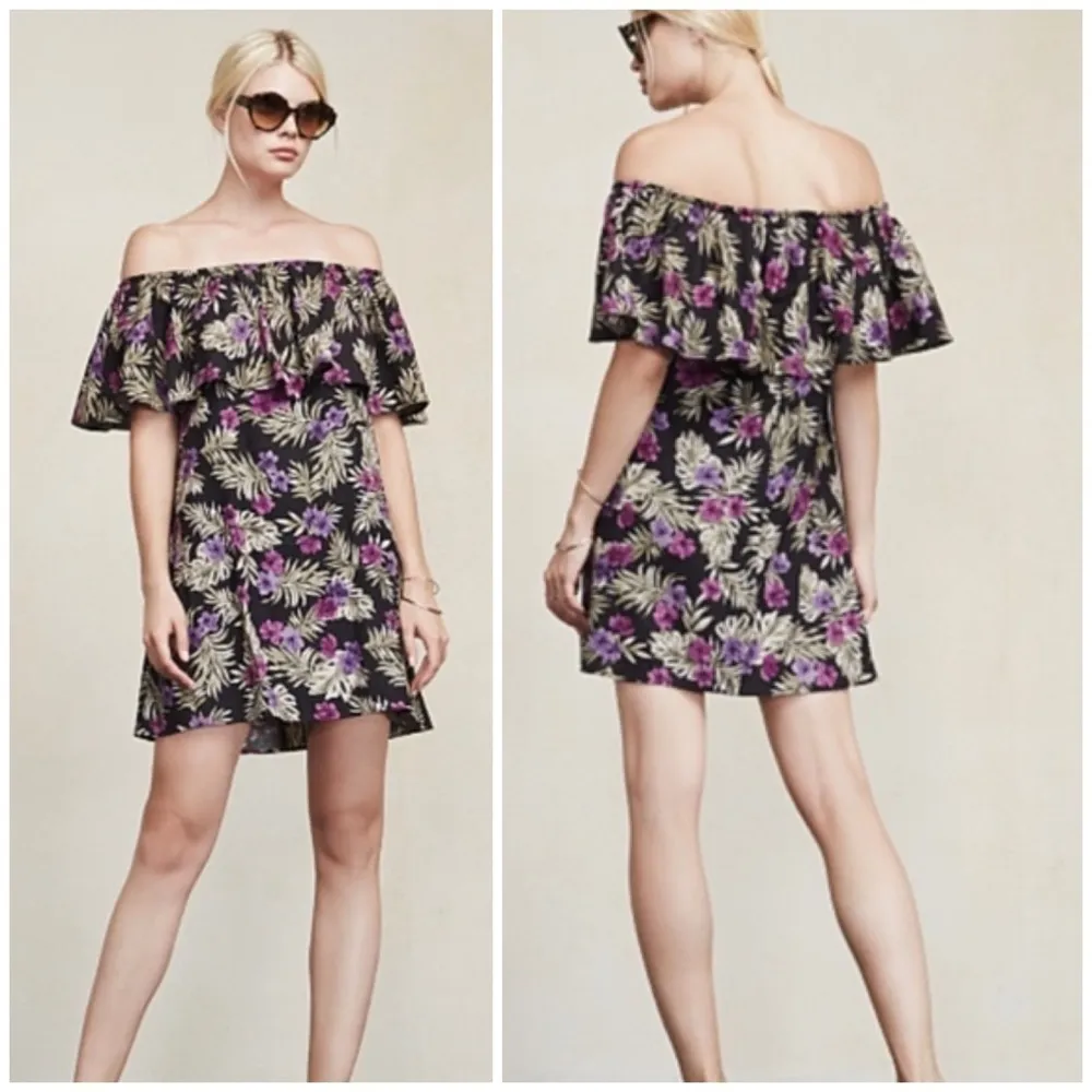 Reformation Lenai Black Purple Floral Linen Bardot Off Shoulder Mini Dress XS - Image 3