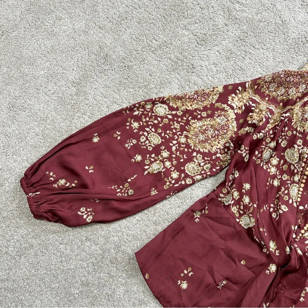 Free People Run Free Silky Satin Blouse Top V-Neck Longsleeve Chocolate Combo M - Image 8