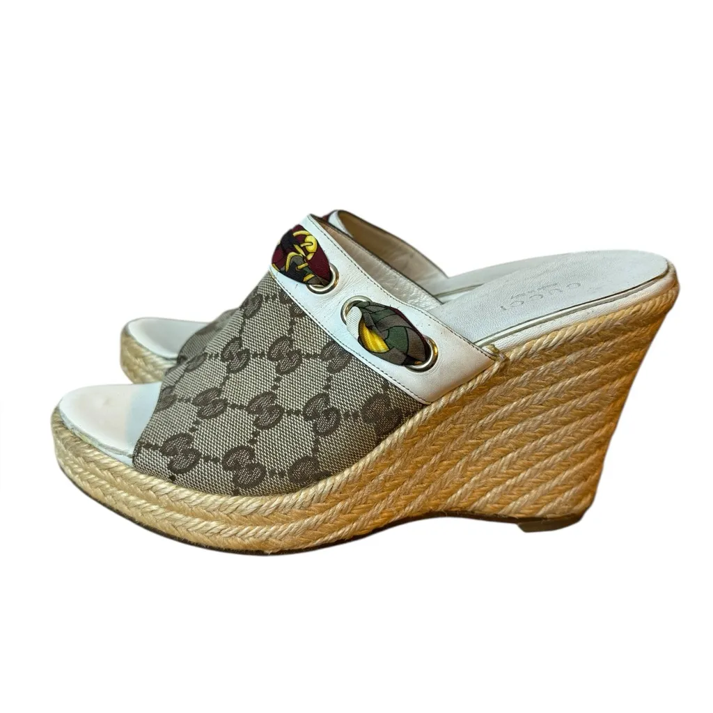 Gucci GG Canvas Espadrille Peeptoe Wedges - Image 2