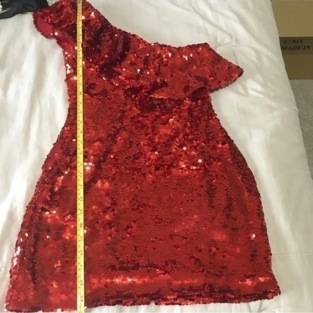 XXS red hot lava sequin one shoulder ruffle mini dress - Image 11