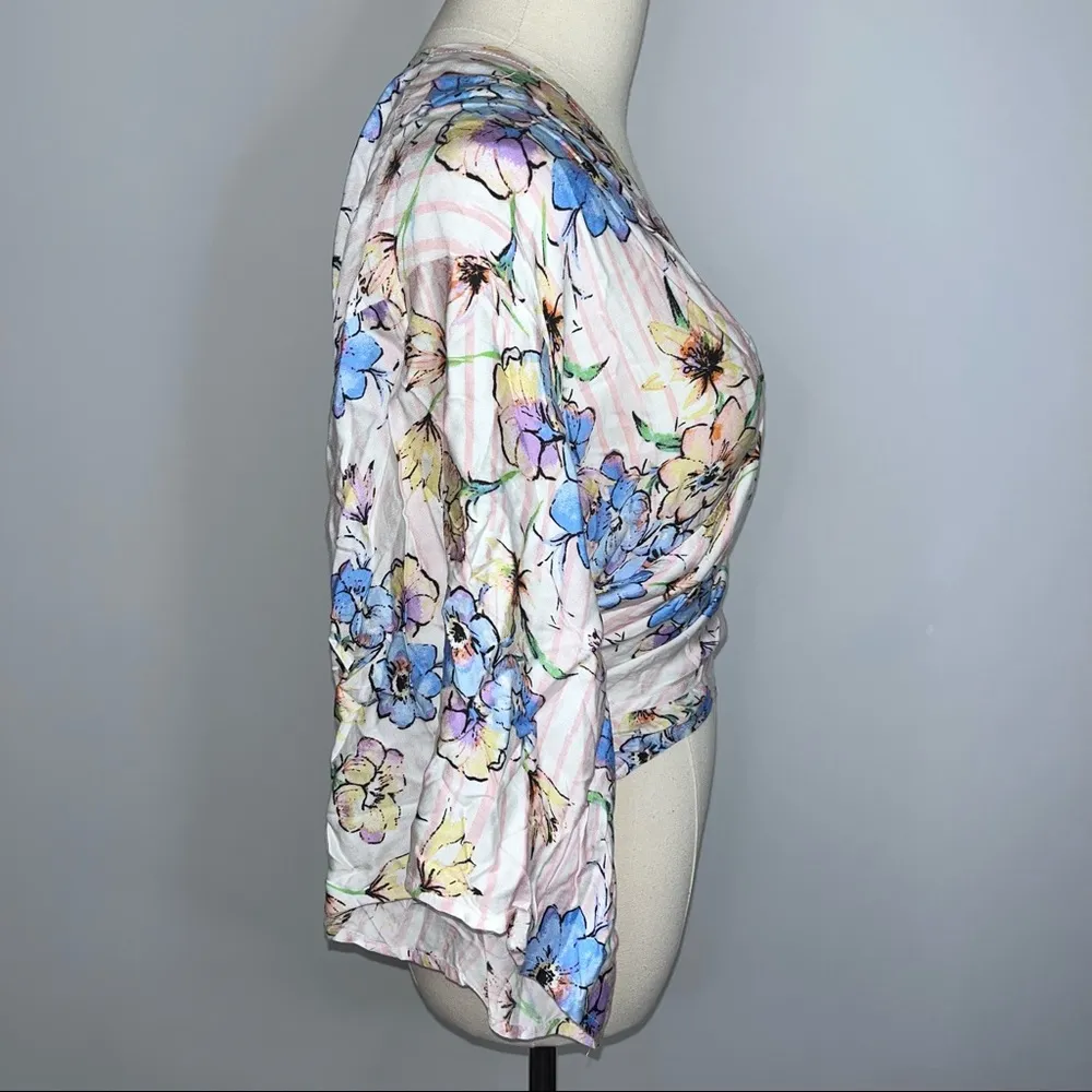 OLIVACEOUS Pink Striped Floral Wrap Tie V Neck Blouse Top Small NWT - Image 7