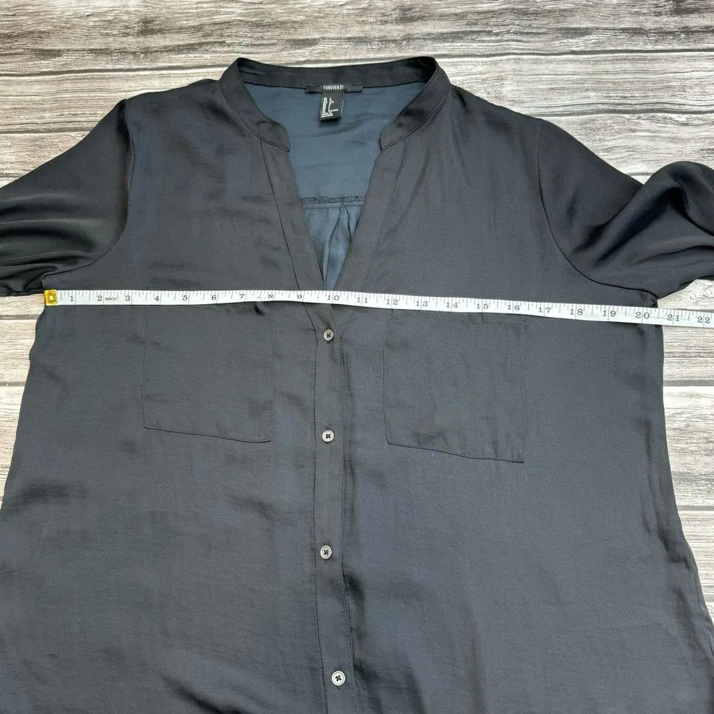 Forever 21 Women's Flowy Satiny Button Up Button Down Blouse L LG Large Black - Image 13