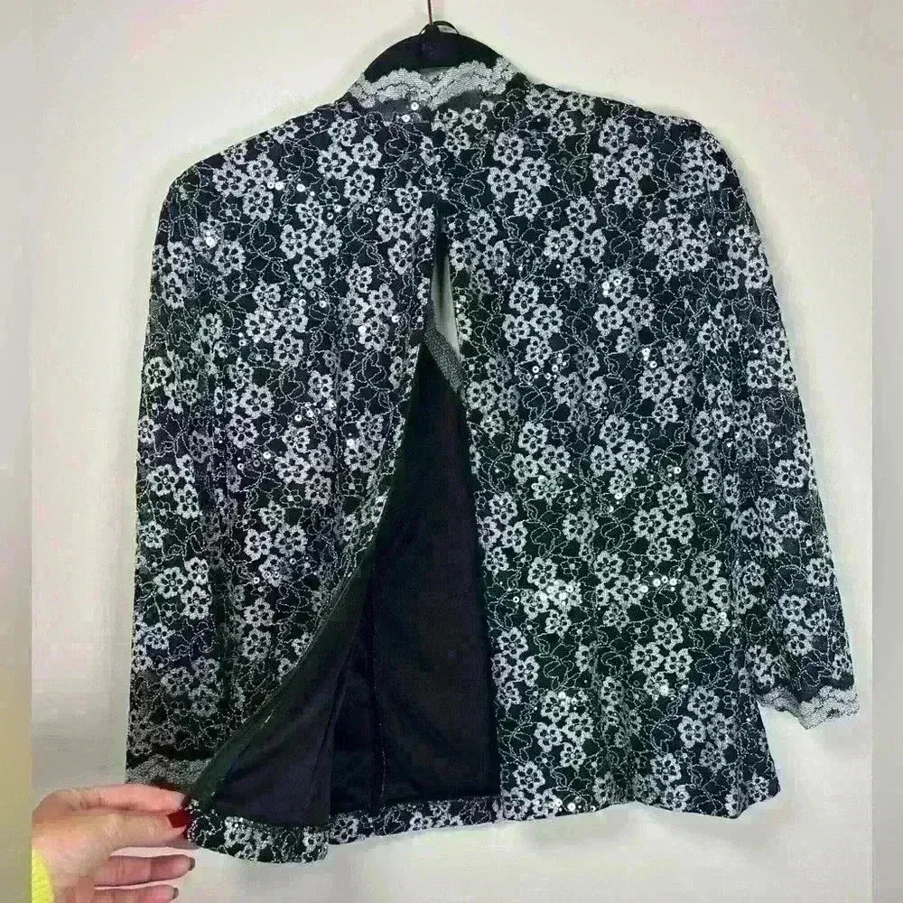 Alex Evenings 3/4 Sleeve Embroidered Blouse Black Silver Sequins Size Medium - Image 9