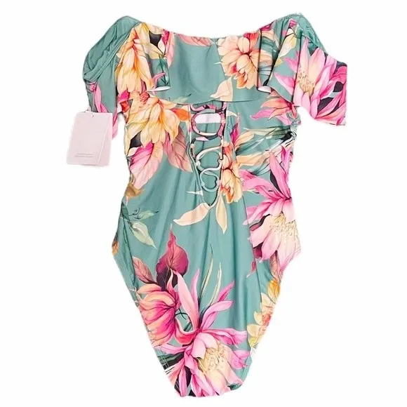 NWT La Blanca Jade Garden Floral Off Shoulder Ruffle One-Piece Swimsuit Size 8 - Image 7
